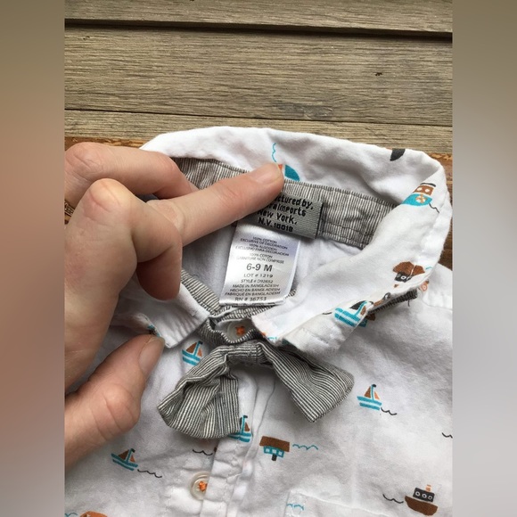 3pc NWOT 6-9month brown pants +2 collar button up match onesies w/attach bow tie - Picture 6 of 12